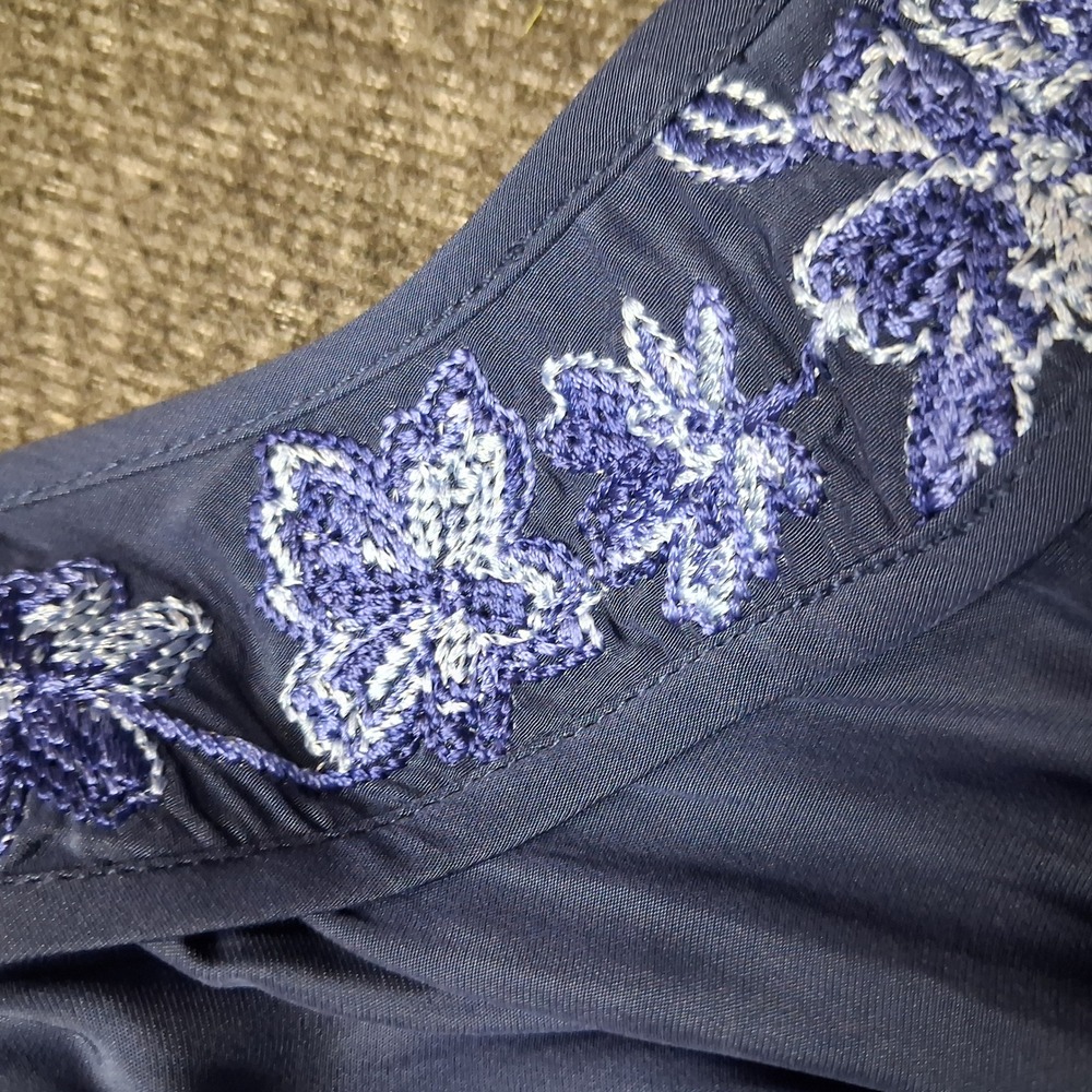 Ramy Brook Satin Blue Embroidered Sleeveless Smocked Peplum Top Large NWT - Picture 11 of 13